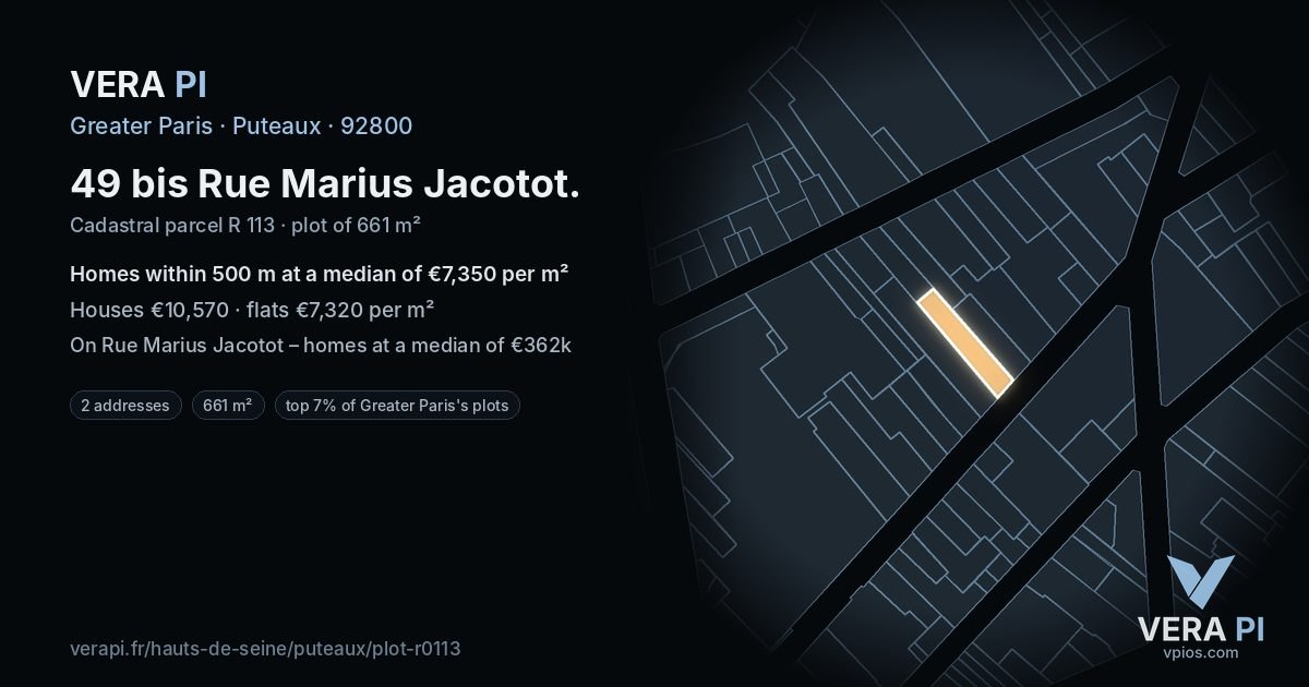 49 bis Rue Marius Jacotot, Puteaux at night – the plot lit, the parcels around coloured by the prices near them