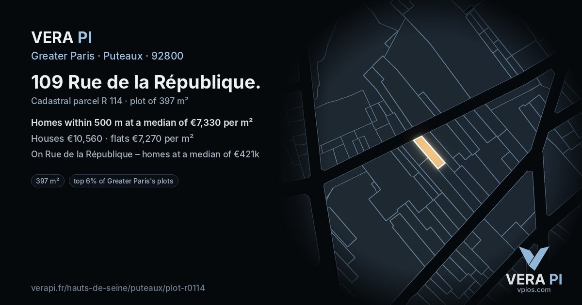 109 Rue de la République, Puteaux at night – the plot lit, the parcels around coloured by the prices near them