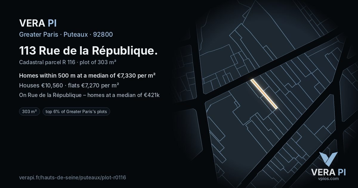 113 Rue de la République, Puteaux at night – the plot lit, the parcels around coloured by the prices near them