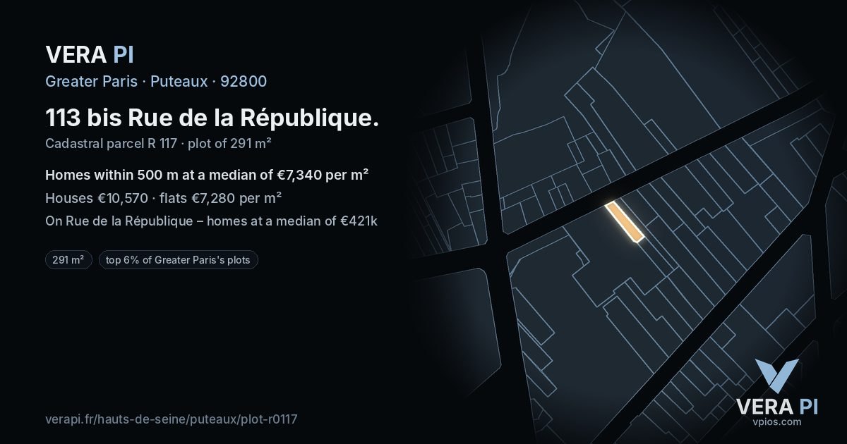 113 bis Rue de la République, Puteaux at night – the plot lit, the parcels around coloured by the prices near them