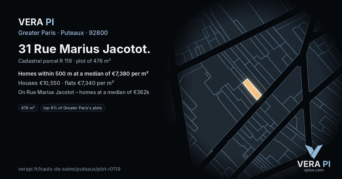 31 Rue Marius Jacotot, Puteaux at night – the plot lit, the parcels around coloured by the prices near them