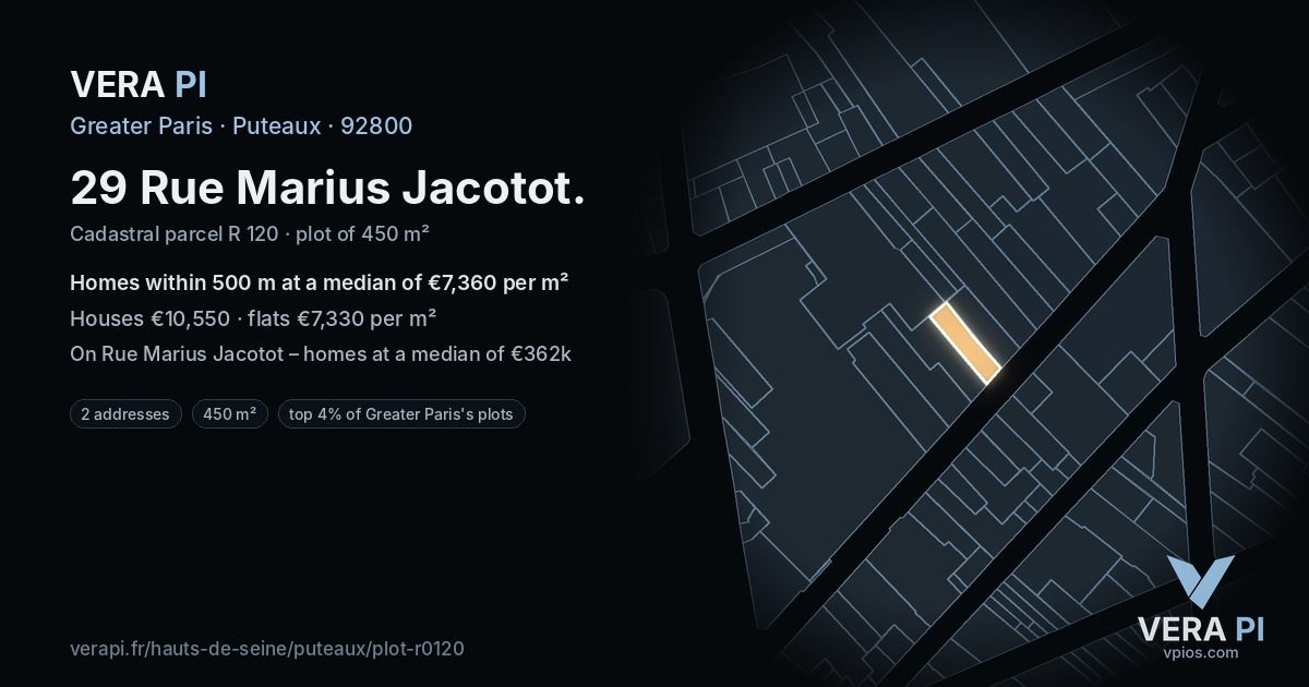 29 Rue Marius Jacotot, Puteaux at night – the plot lit, the parcels around coloured by the prices near them