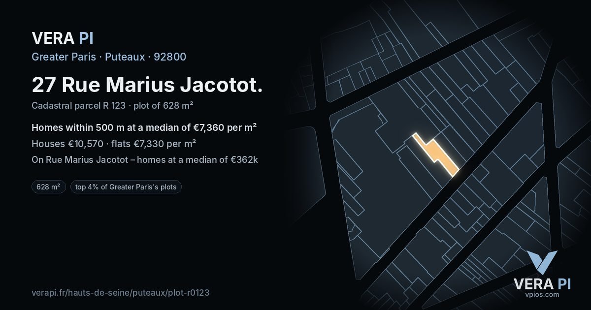 27 Rue Marius Jacotot, Puteaux at night – the plot lit, the parcels around coloured by the prices near them