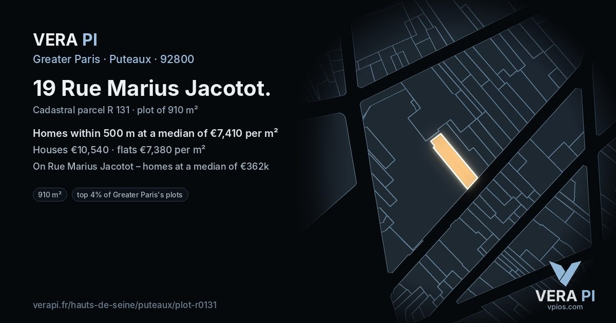 19 Rue Marius Jacotot, Puteaux at night – the plot lit, the parcels around coloured by the prices near them