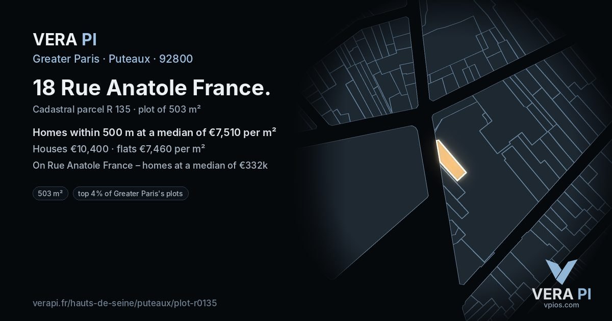 18 Rue Anatole France, Puteaux at night – the plot lit, the parcels around coloured by the prices near them