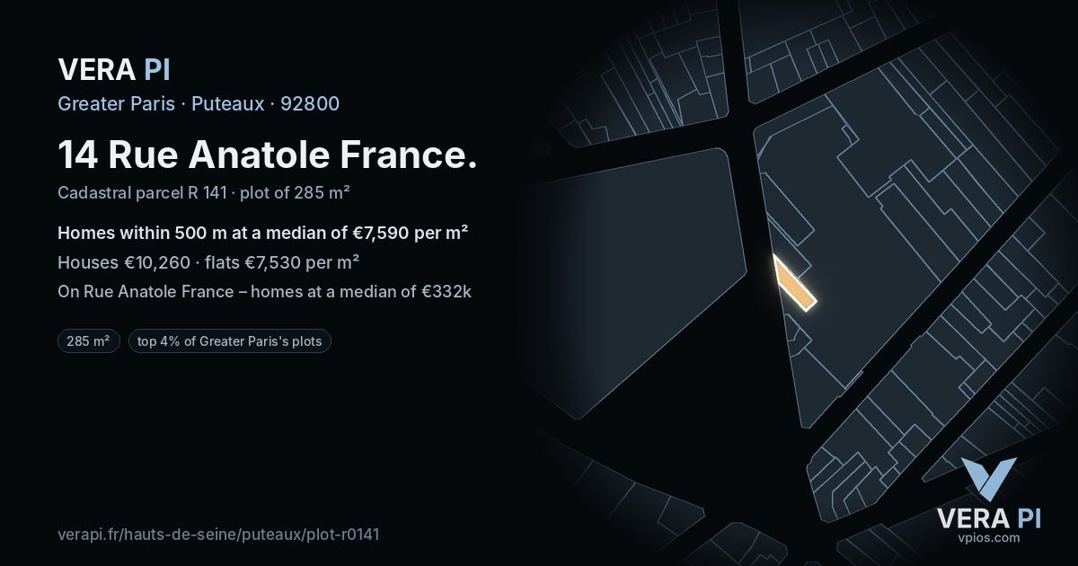 14 Rue Anatole France, Puteaux at night – the plot lit, the parcels around coloured by the prices near them