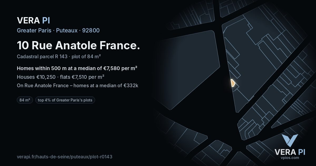 10 Rue Anatole France, Puteaux at night – the plot lit, the parcels around coloured by the prices near them