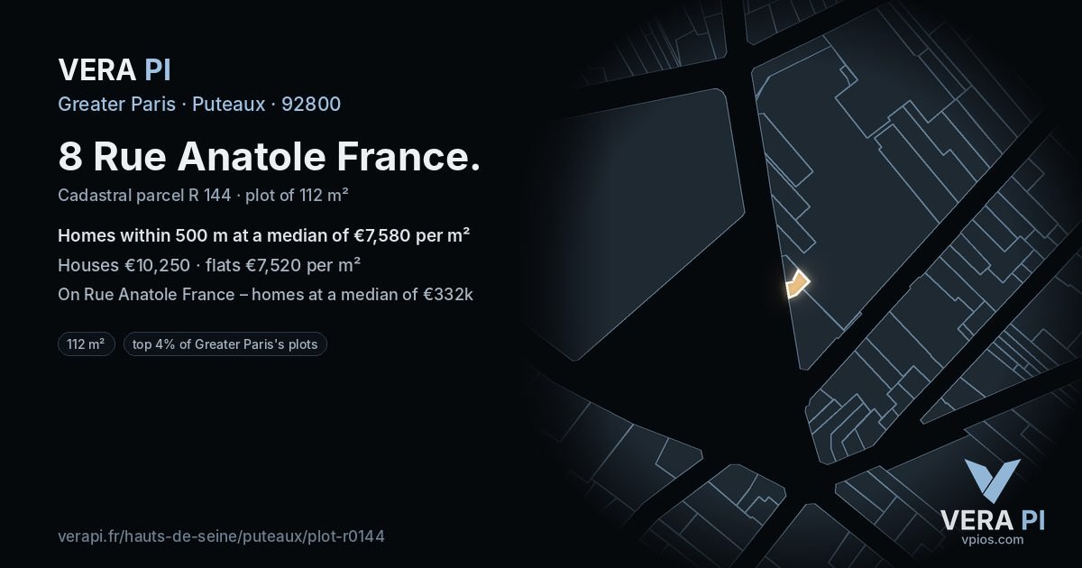 8 Rue Anatole France, Puteaux at night – the plot lit, the parcels around coloured by the prices near them