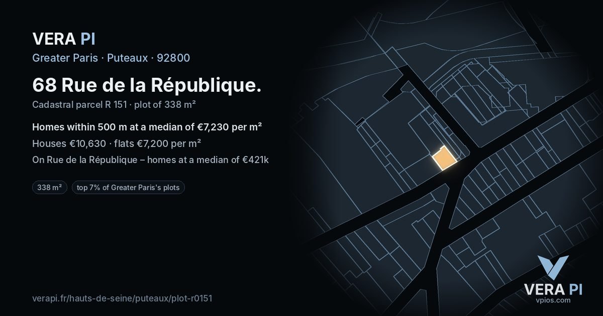68 Rue de la République, Puteaux at night – the plot lit, the parcels around coloured by the prices near them