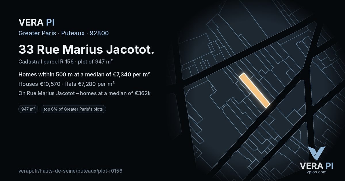 33 Rue Marius Jacotot, Puteaux at night – the plot lit, the parcels around coloured by the prices near them