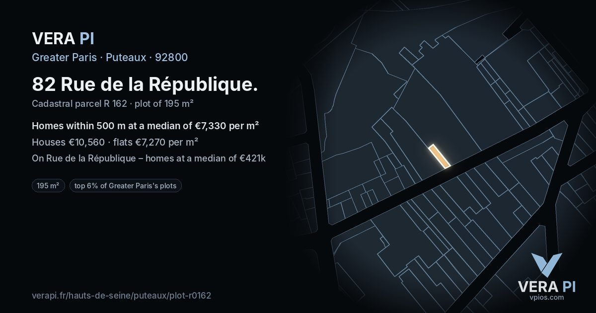 82 Rue de la République, Puteaux at night – the plot lit, the parcels around coloured by the prices near them