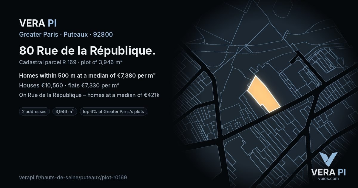 80 Rue de la République, Puteaux at night – the plot lit, the parcels around coloured by the prices near them