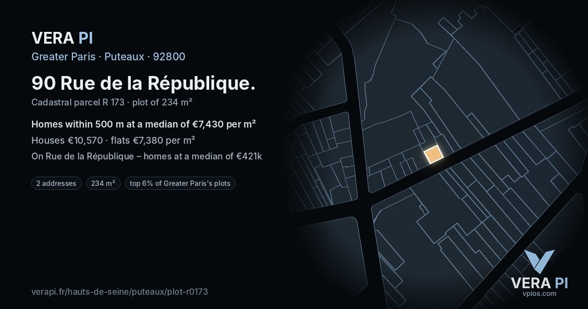 90 Rue de la République, Puteaux at night – the plot lit, the parcels around coloured by the prices near them