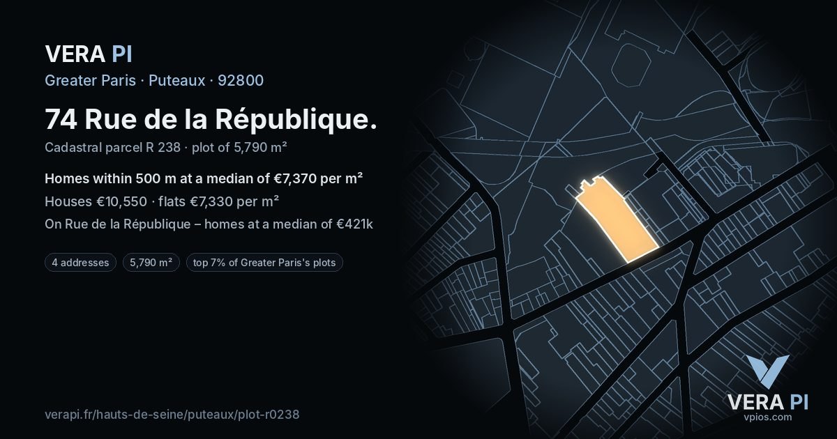 74 Rue de la République, Puteaux at night – the plot lit, the parcels around coloured by the prices near them