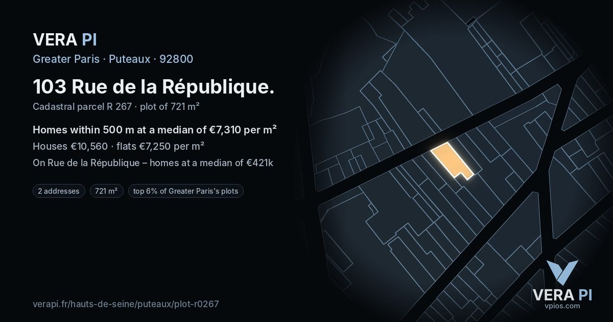 103 Rue de la République, Puteaux at night – the plot lit, the parcels around coloured by the prices near them