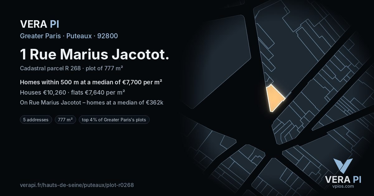 1 Rue Marius Jacotot, Puteaux at night – the plot lit, the parcels around coloured by the prices near them