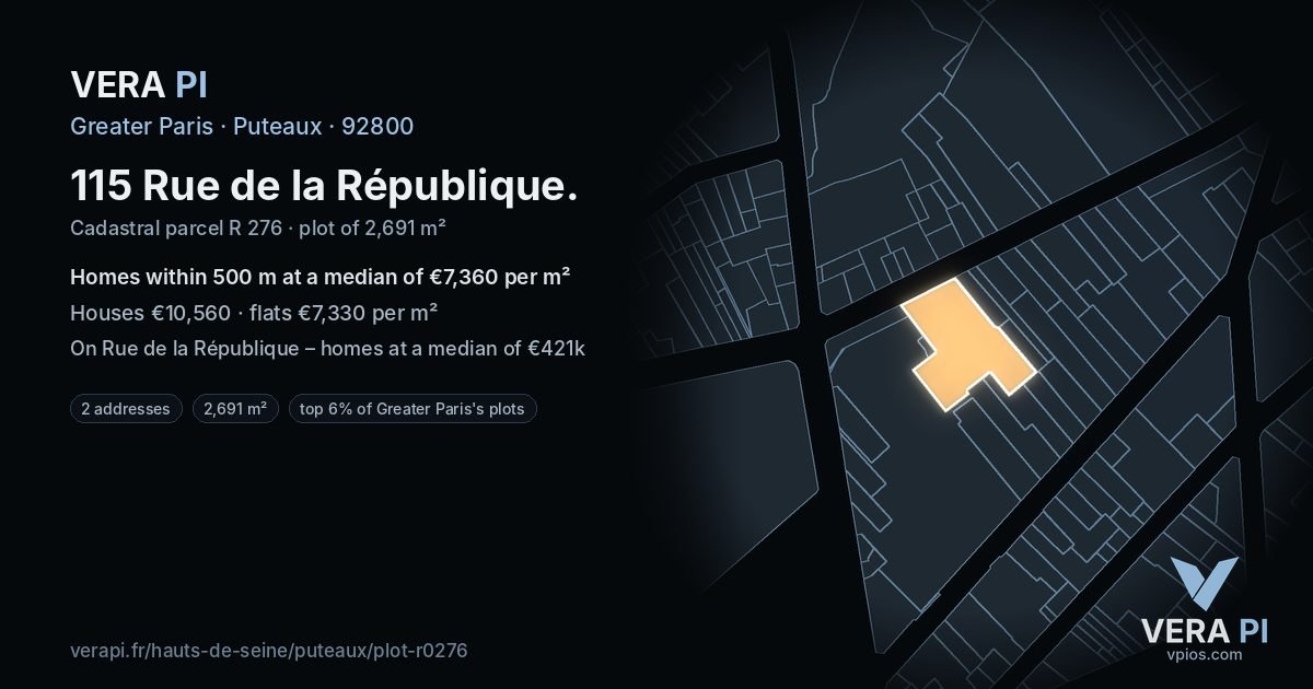 115 Rue de la République, Puteaux at night – the plot lit, the parcels around coloured by the prices near them