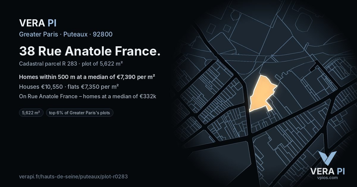 38 Rue Anatole France, Puteaux at night – the plot lit, the parcels around coloured by the prices near them