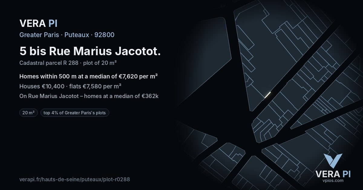 5 bis Rue Marius Jacotot, Puteaux at night – the plot lit, the parcels around coloured by the prices near them