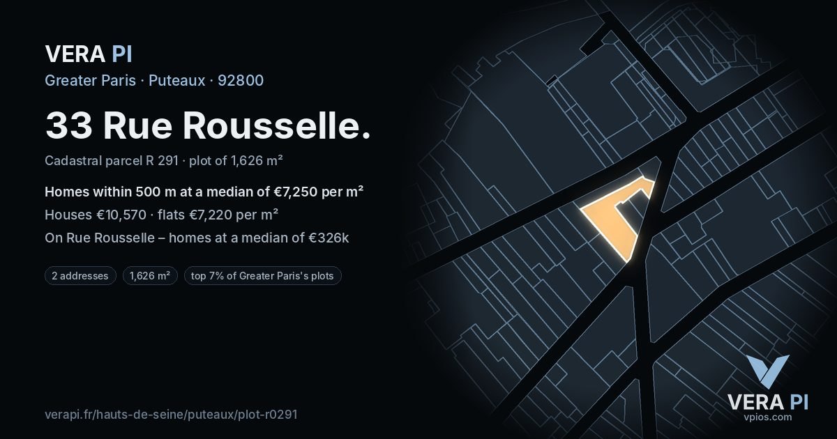33 Rue Rousselle, Puteaux at night – the plot lit, the parcels around coloured by the prices near them