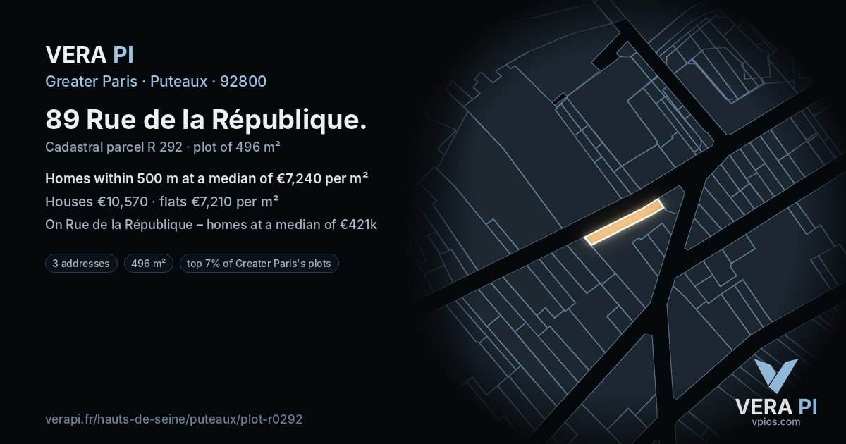 89 Rue de la République, Puteaux at night – the plot lit, the parcels around coloured by the prices near them