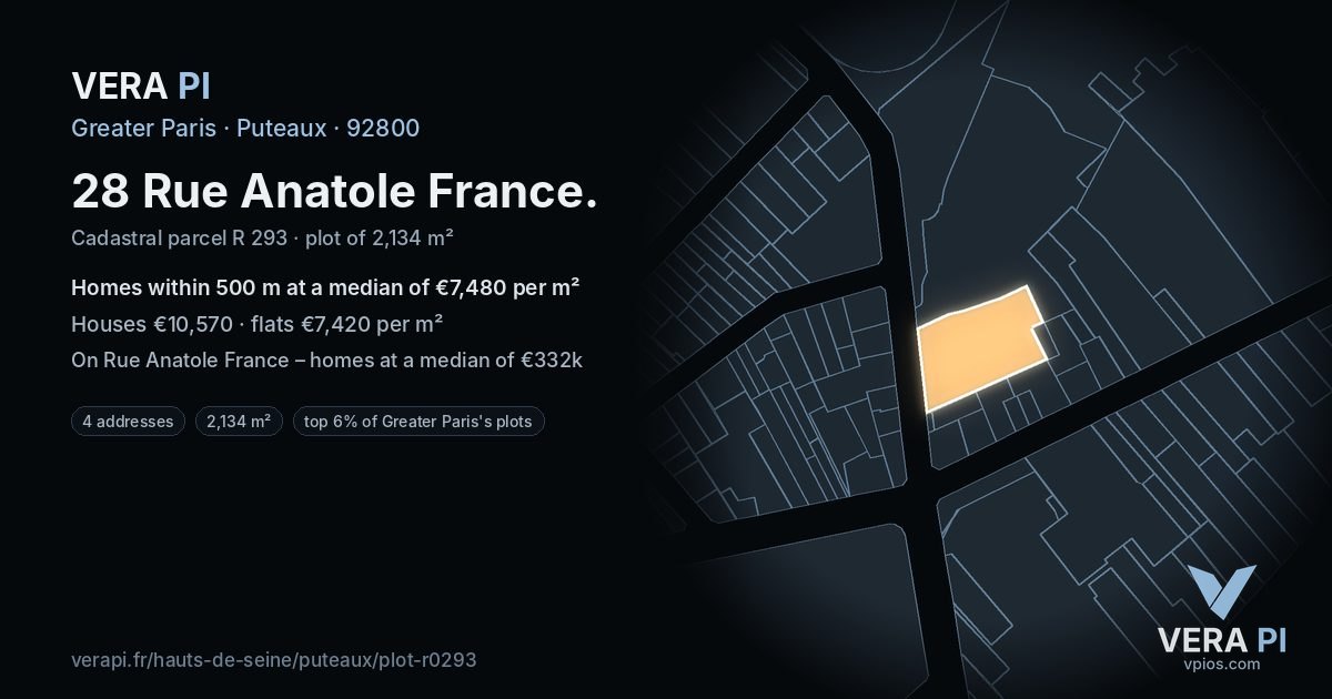 28 Rue Anatole France, Puteaux at night – the plot lit, the parcels around coloured by the prices near them