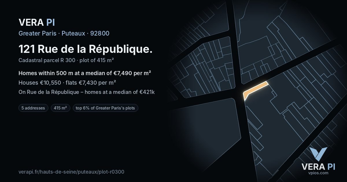 121 Rue de la République, Puteaux at night – the plot lit, the parcels around coloured by the prices near them