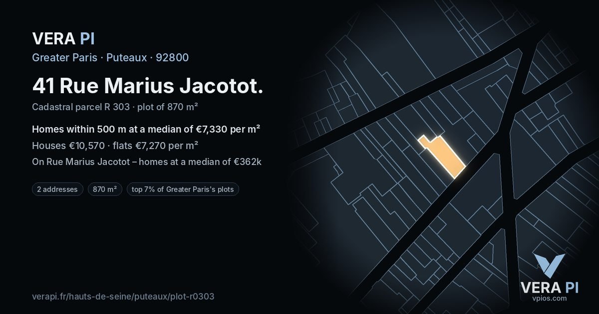 41 Rue Marius Jacotot, Puteaux at night – the plot lit, the parcels around coloured by the prices near them