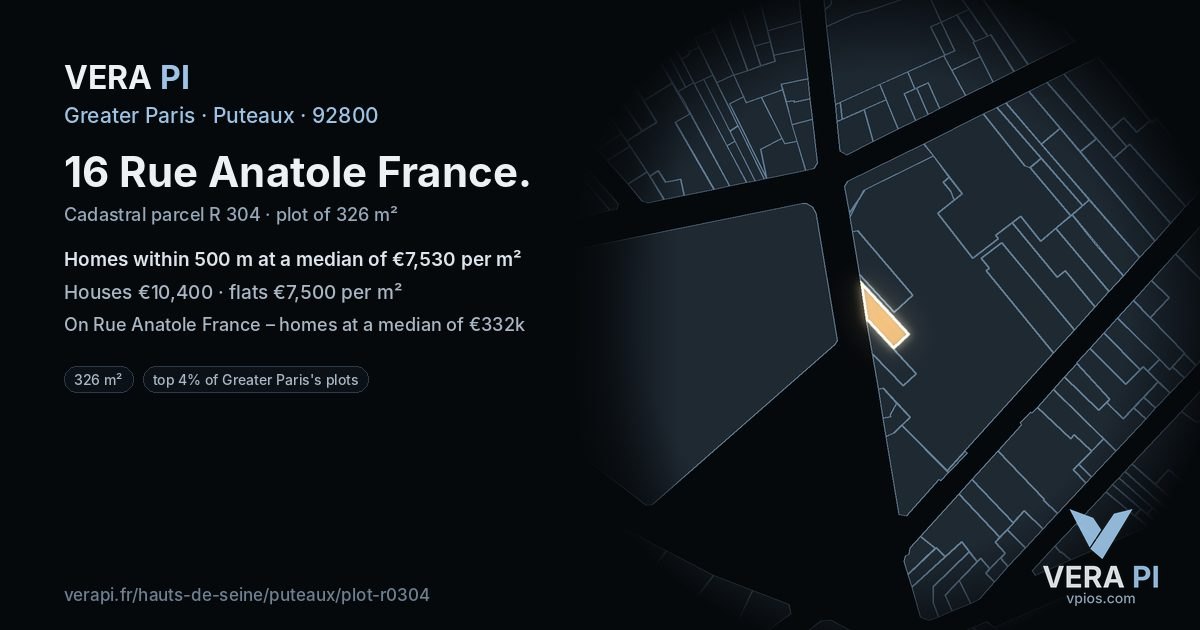 16 Rue Anatole France, Puteaux at night – the plot lit, the parcels around coloured by the prices near them