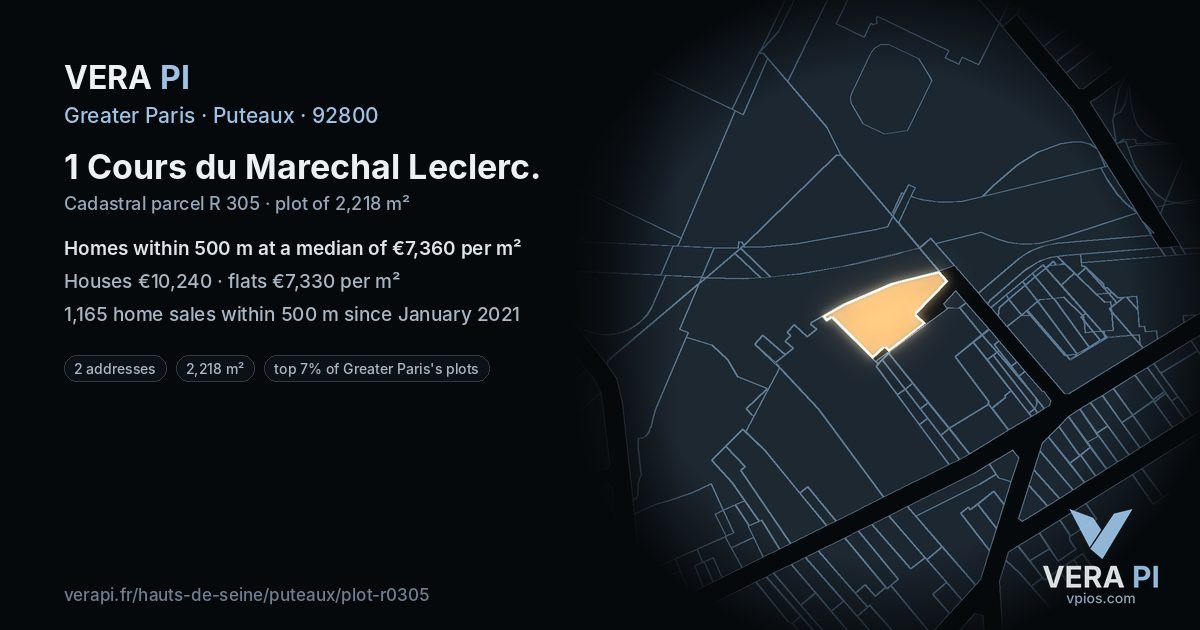 1 Cours du Marechal Leclerc, Puteaux at night – the plot lit, the parcels around coloured by the prices near them