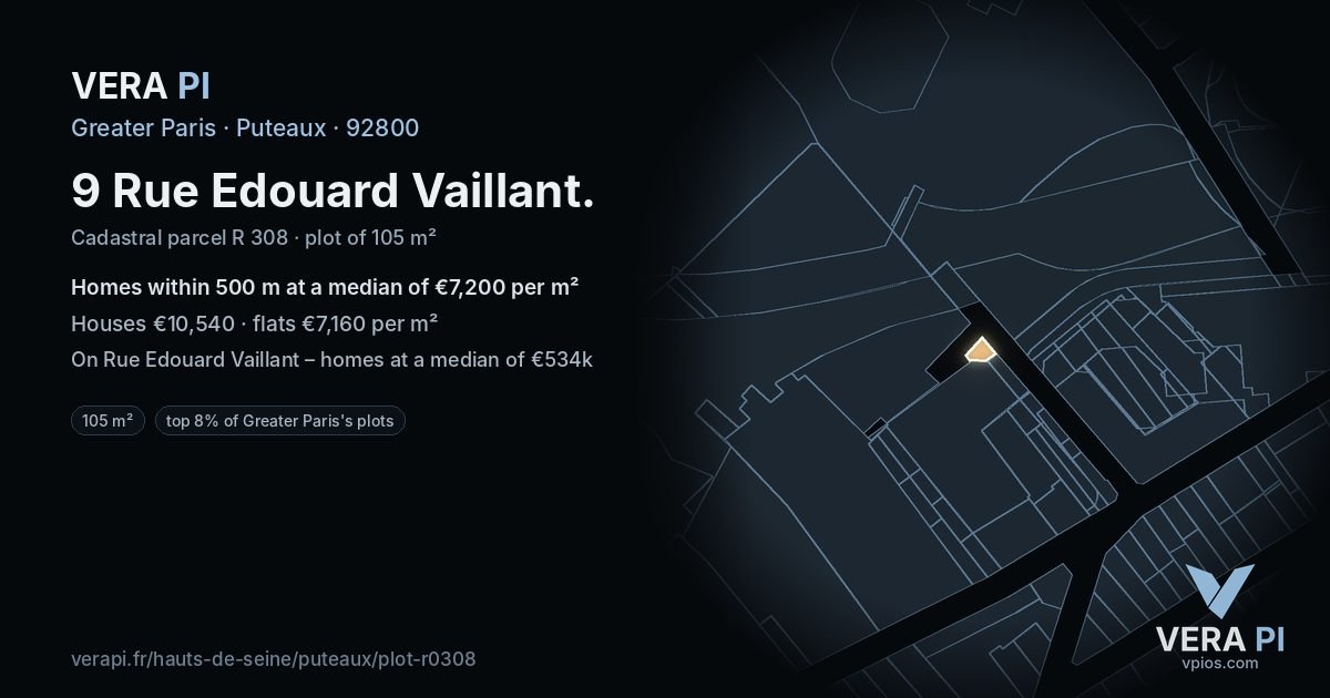 9 Rue Edouard Vaillant, Puteaux at night – the plot lit, the parcels around coloured by the prices near them