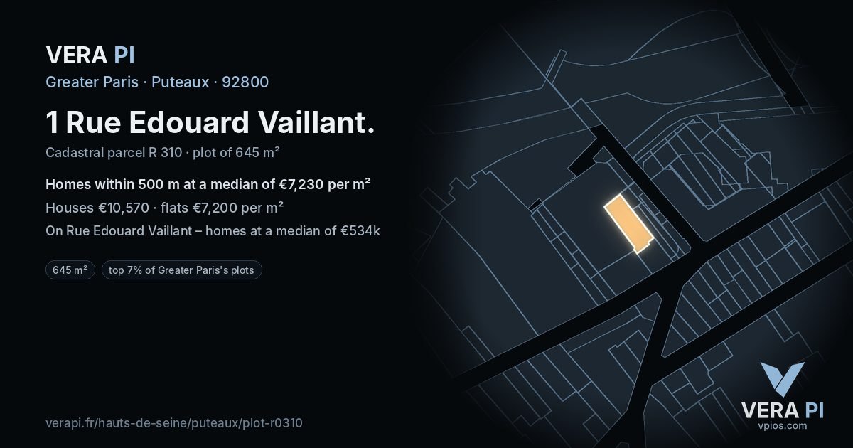 1 Rue Edouard Vaillant, Puteaux at night – the plot lit, the parcels around coloured by the prices near them