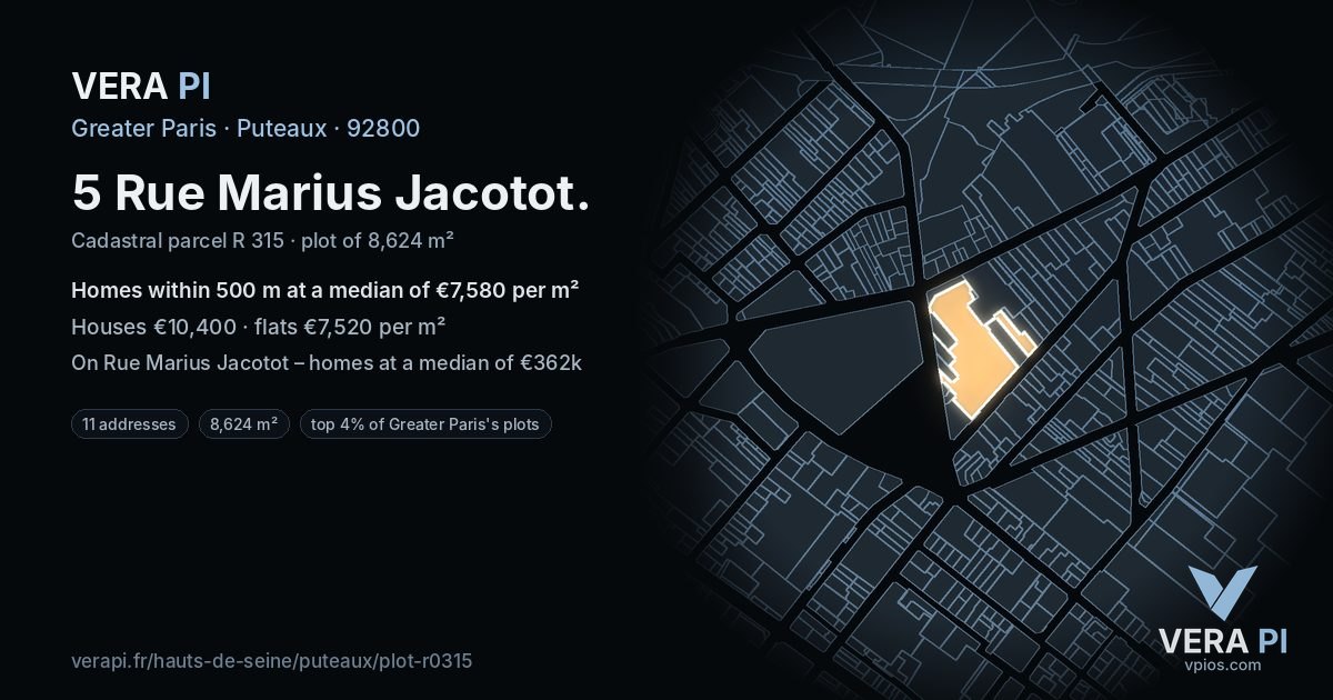 5 Rue Marius Jacotot, Puteaux at night – the plot lit, the parcels around coloured by the prices near them