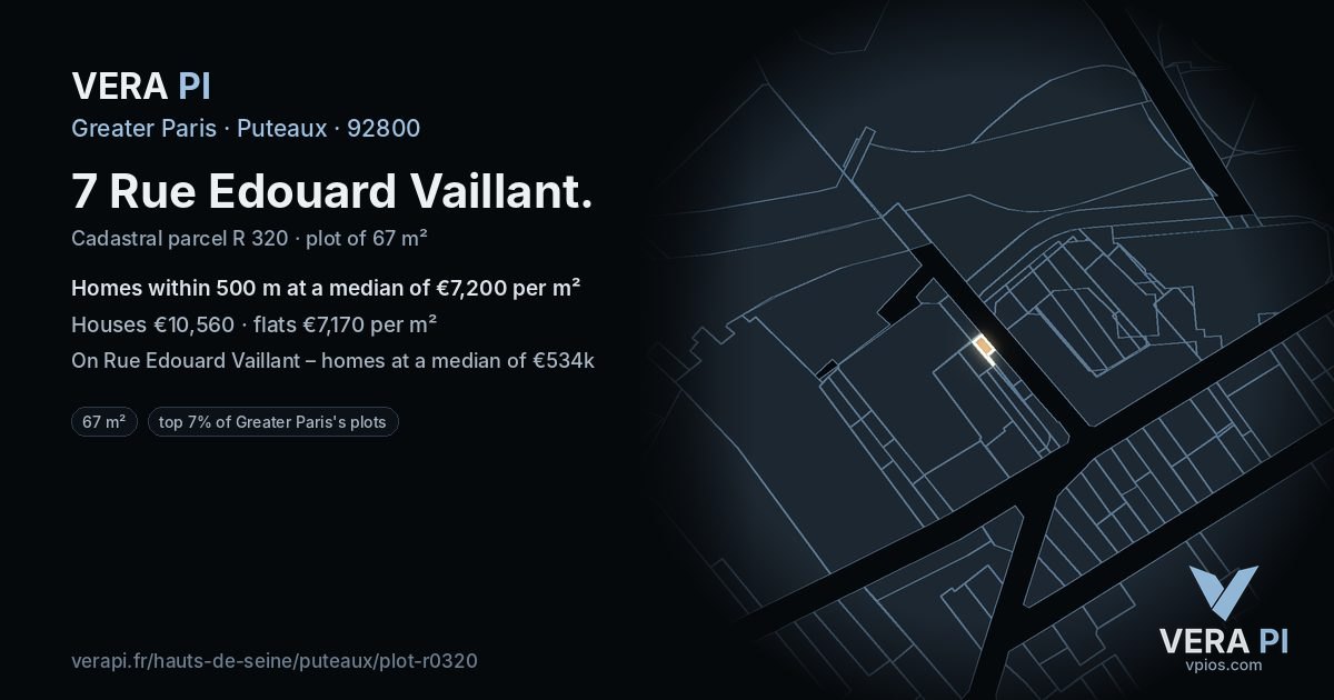 7 Rue Edouard Vaillant, Puteaux at night – the plot lit, the parcels around coloured by the prices near them