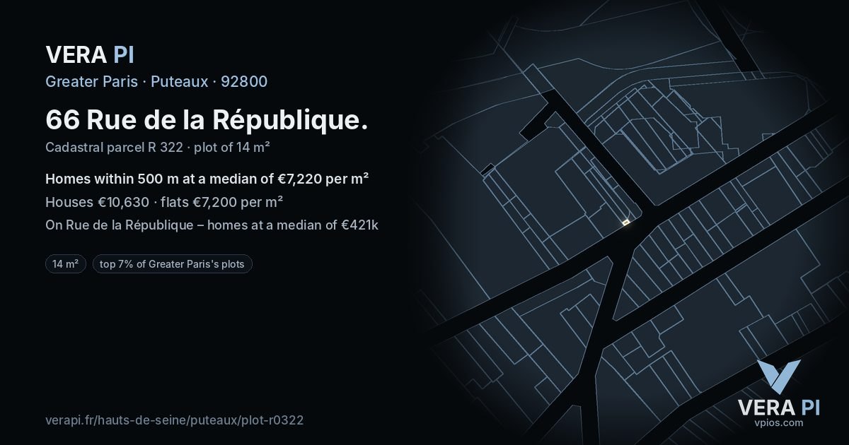 66 Rue de la République, Puteaux at night – the plot lit, the parcels around coloured by the prices near them
