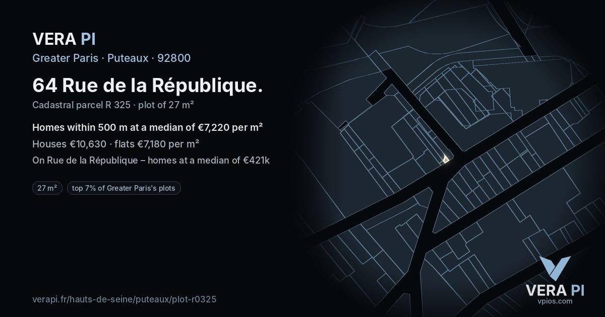 64 Rue de la République, Puteaux at night – the plot lit, the parcels around coloured by the prices near them