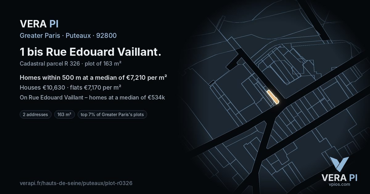 1 bis Rue Edouard Vaillant, Puteaux at night – the plot lit, the parcels around coloured by the prices near them