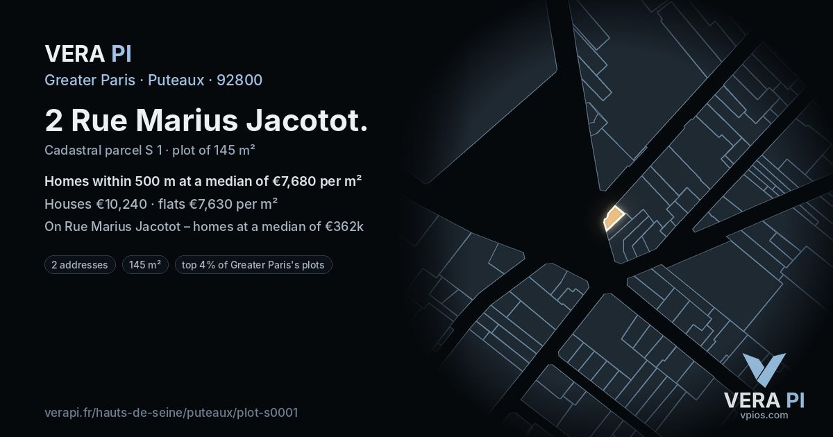 2 Rue Marius Jacotot, Puteaux at night – the plot lit, the parcels around coloured by the prices near them
