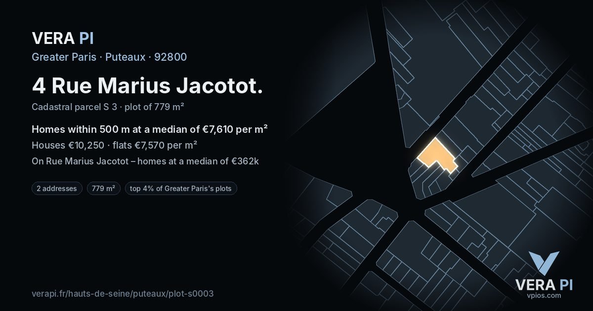 4 Rue Marius Jacotot, Puteaux at night – the plot lit, the parcels around coloured by the prices near them