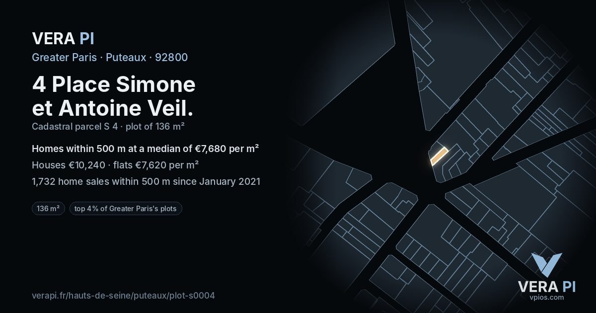 4 Place Simone et Antoine Veil, Puteaux at night – the plot lit, the parcels around coloured by the prices near them