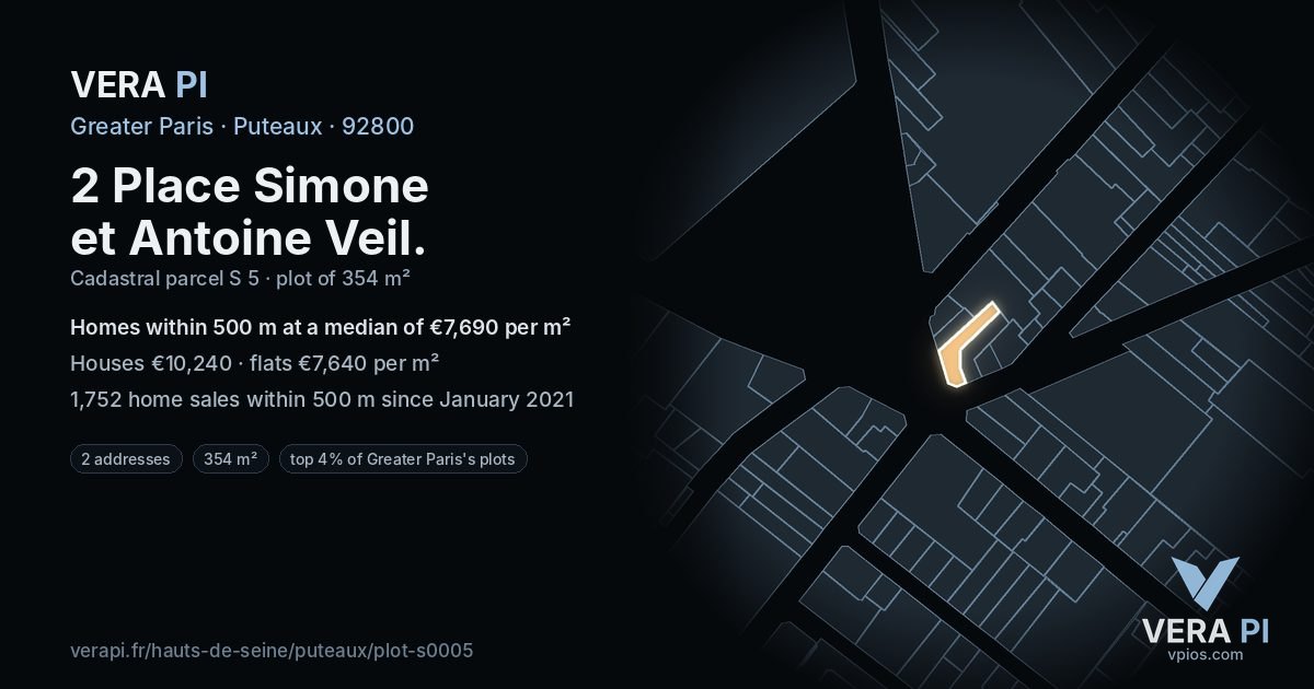 2 Place Simone et Antoine Veil, Puteaux at night – the plot lit, the parcels around coloured by the prices near them