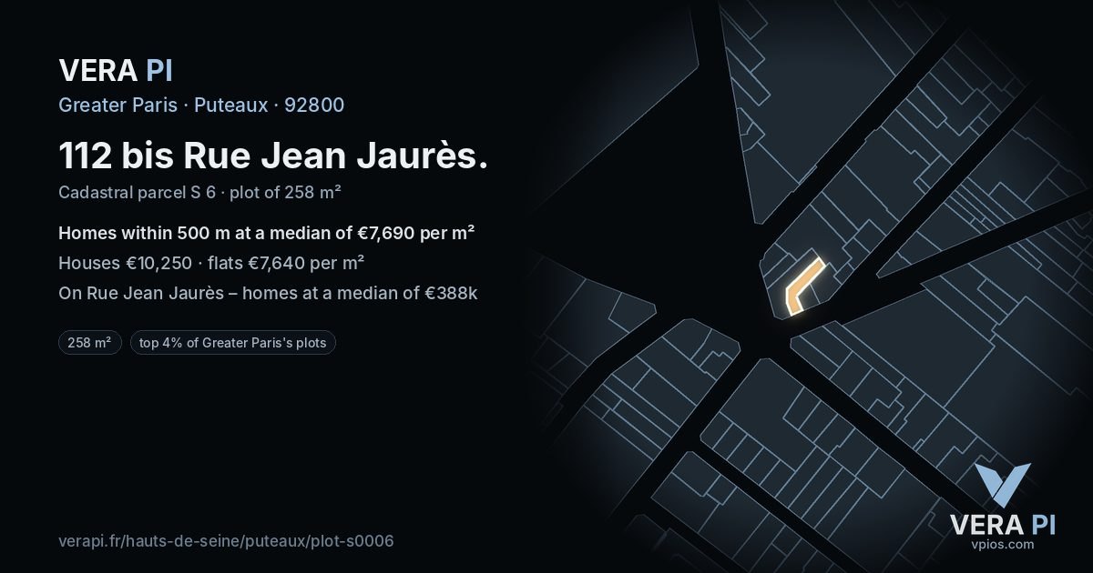 112 bis Rue Jean Jaurès, Puteaux at night – the plot lit, the parcels around coloured by the prices near them