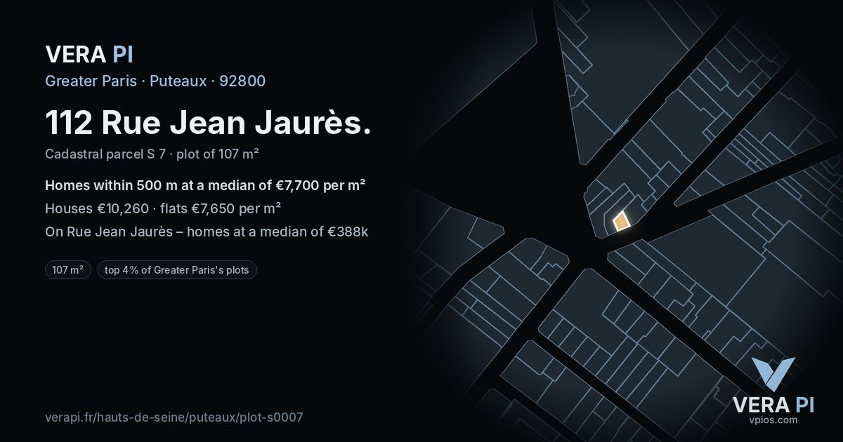 112 Rue Jean Jaurès, Puteaux at night – the plot lit, the parcels around coloured by the prices near them