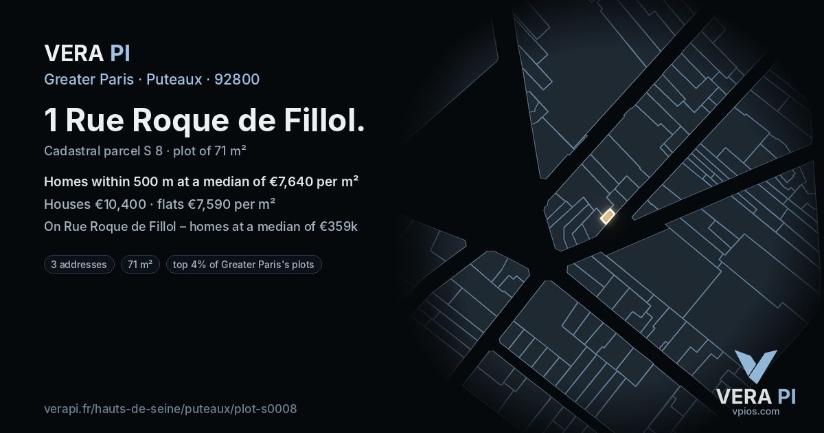 1 Rue Roque de Fillol, Puteaux at night – the plot lit, the parcels around coloured by the prices near them