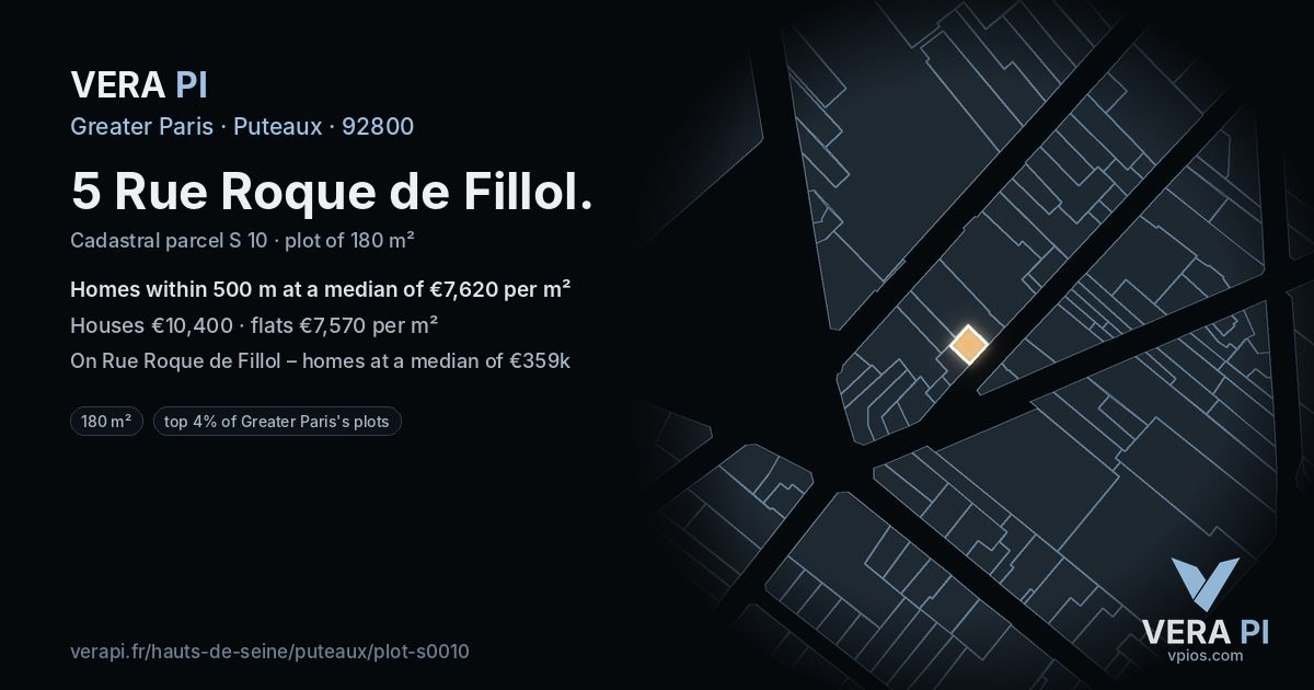 5 Rue Roque de Fillol, Puteaux at night – the plot lit, the parcels around coloured by the prices near them