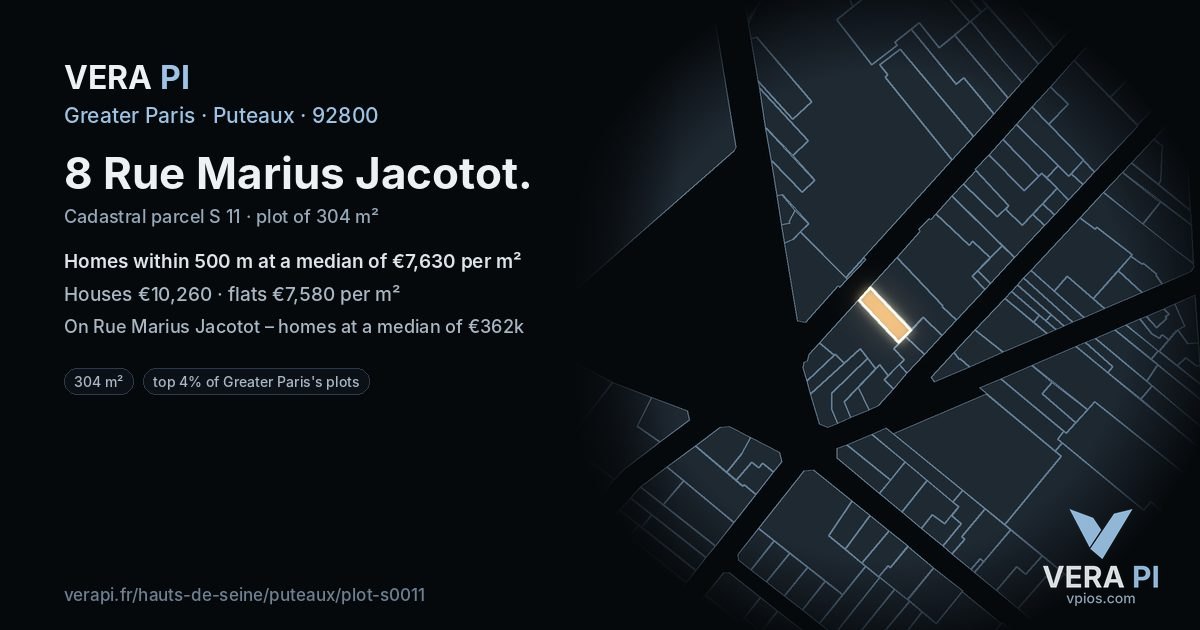 8 Rue Marius Jacotot, Puteaux at night – the plot lit, the parcels around coloured by the prices near them