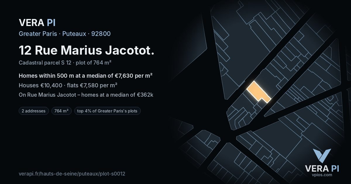 12 Rue Marius Jacotot, Puteaux at night – the plot lit, the parcels around coloured by the prices near them