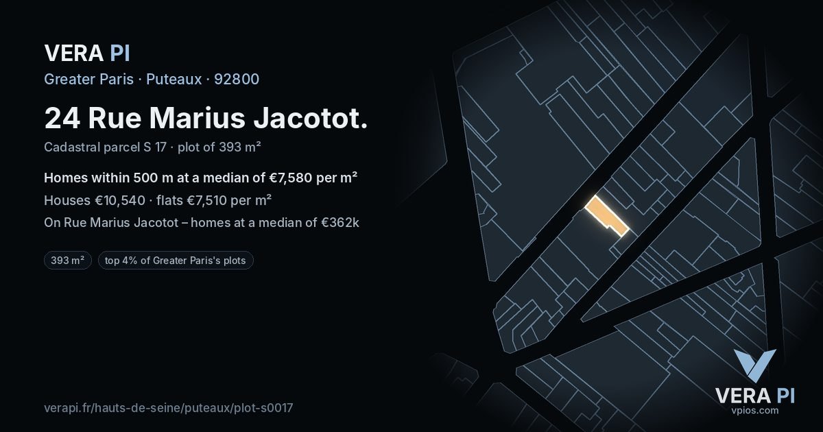 24 Rue Marius Jacotot, Puteaux at night – the plot lit, the parcels around coloured by the prices near them