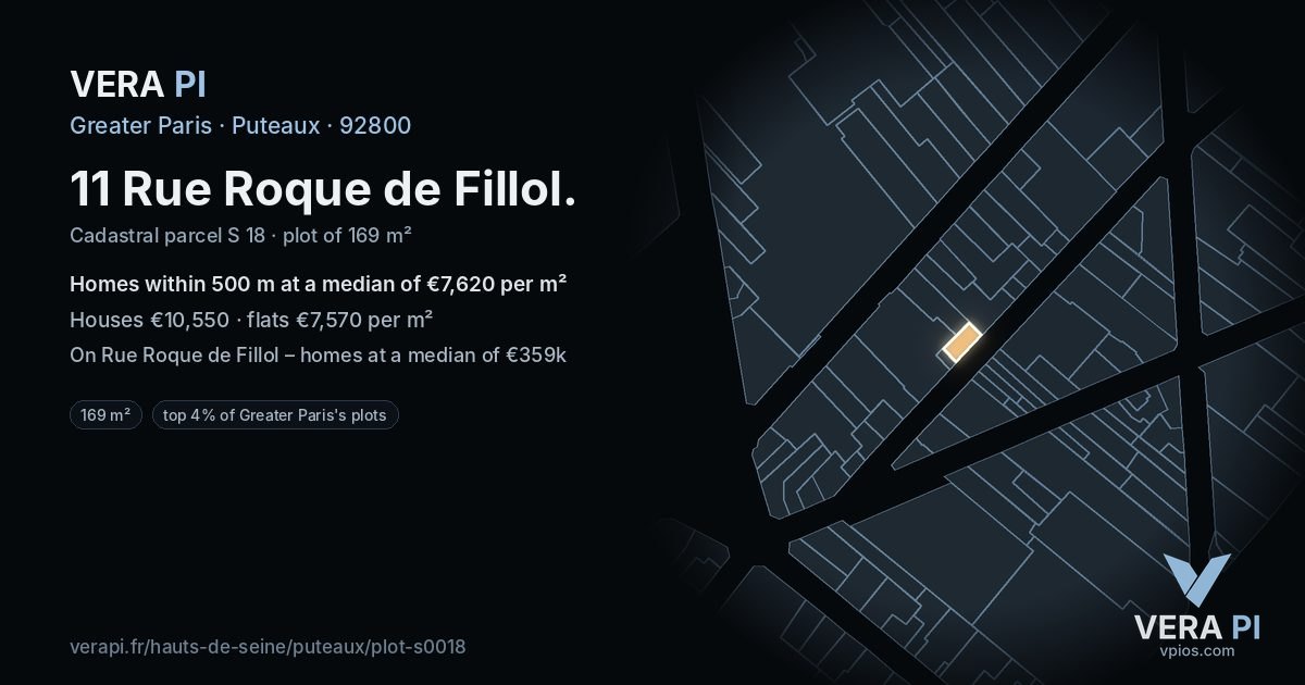 11 Rue Roque de Fillol, Puteaux at night – the plot lit, the parcels around coloured by the prices near them
