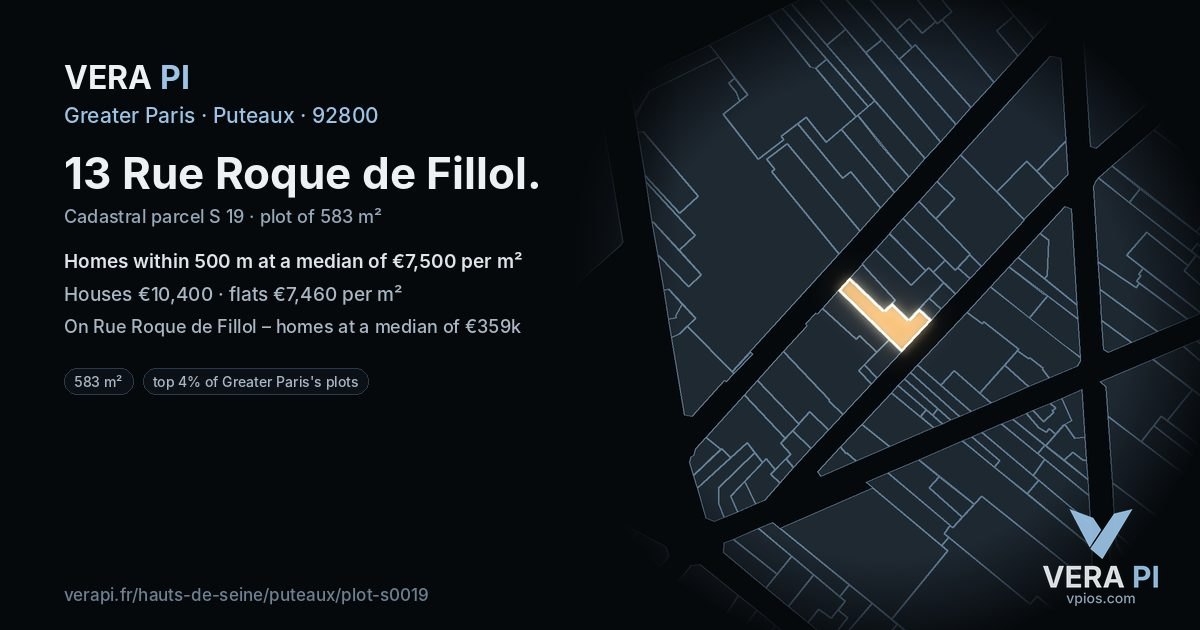 13 Rue Roque de Fillol, Puteaux at night – the plot lit, the parcels around coloured by the prices near them